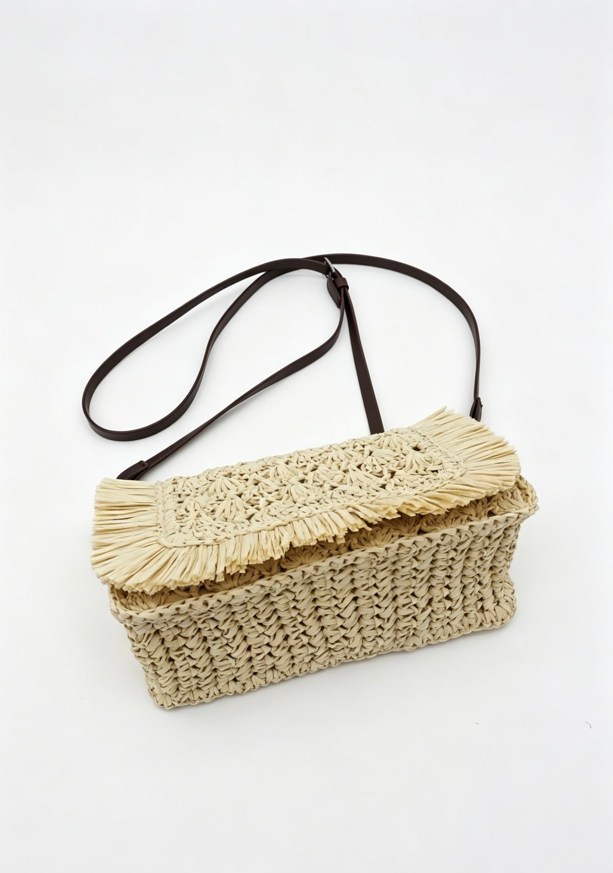 Fringe Straw Crossbody Clutch – Textured Woven Flap Purse – 3 Color Boho Shoulder Handbag
