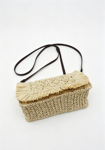 Fringe Straw Crossbody Clutch – Textured Woven Flap Purse – 3 Color Boho Shoulder Handbag
