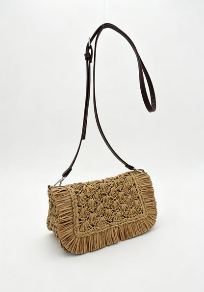 Fringe Straw Crossbody Clutch – Textured Woven Flap Purse – 3 Color Boho Shoulder Handbag