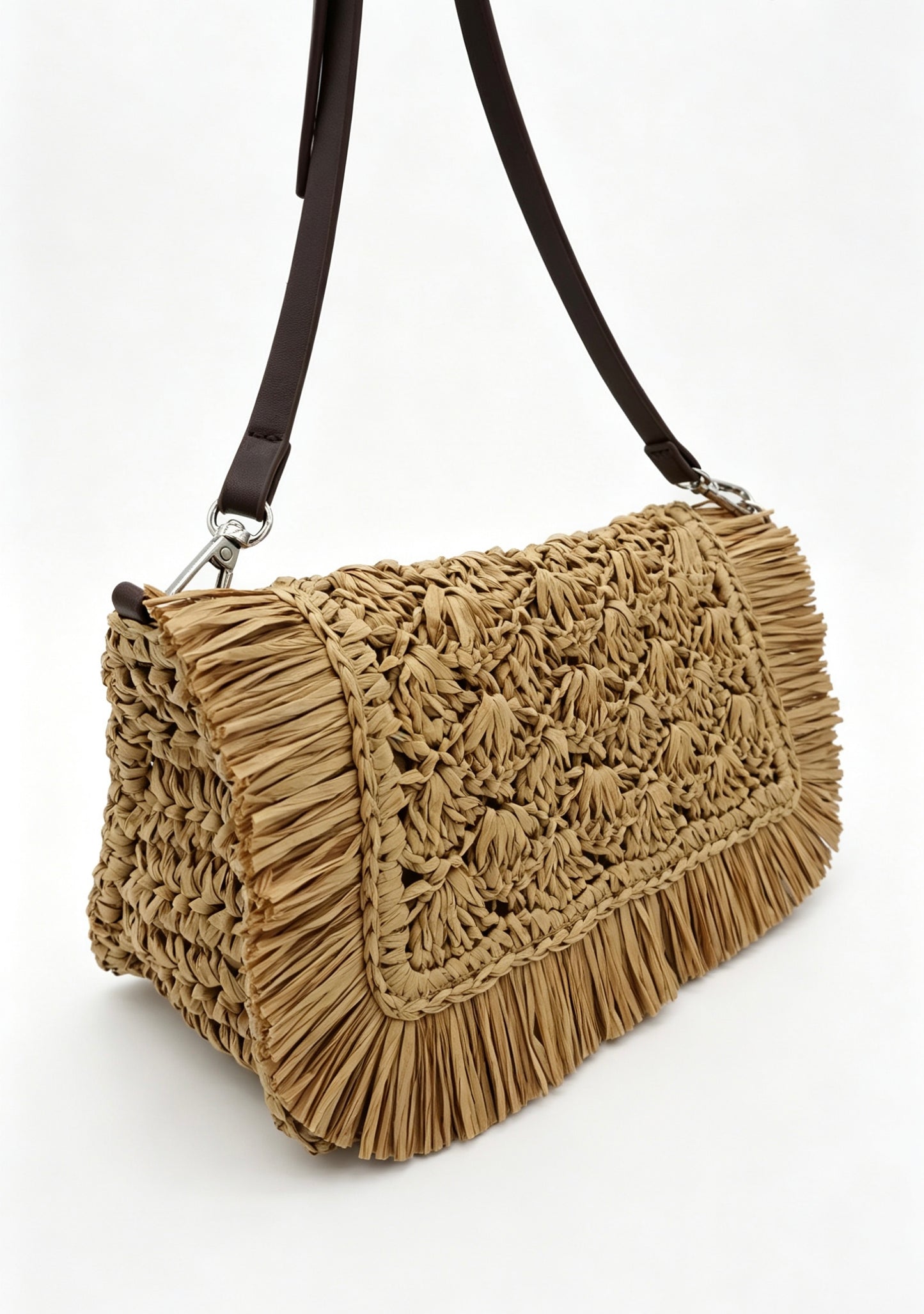 Fringe Straw Crossbody Clutch – Textured Woven Flap Purse – 3 Color Boho Shoulder Handbag