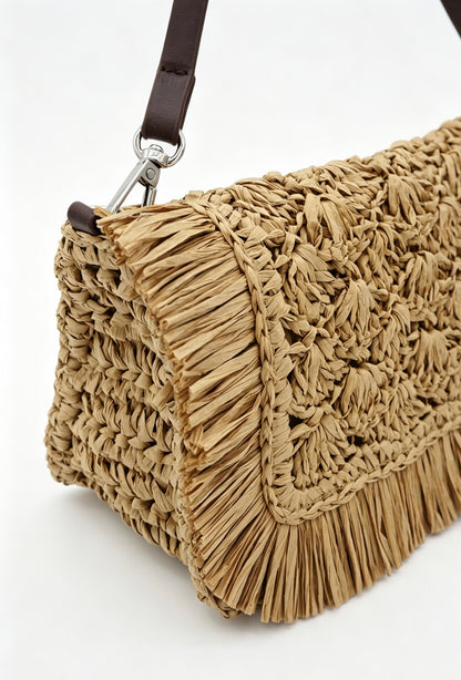 Fringe Straw Crossbody Clutch – Textured Woven Flap Purse – 3 Color Boho Shoulder Handbag