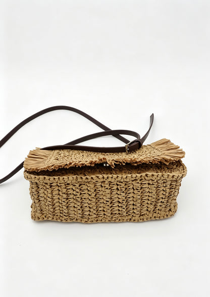 Fringe Straw Crossbody Clutch – Textured Woven Flap Purse – 3 Color Boho Shoulder Handbag