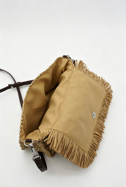 Fringe Straw Crossbody Clutch – Textured Woven Flap Purse – 3 Color Boho Shoulder Handbag