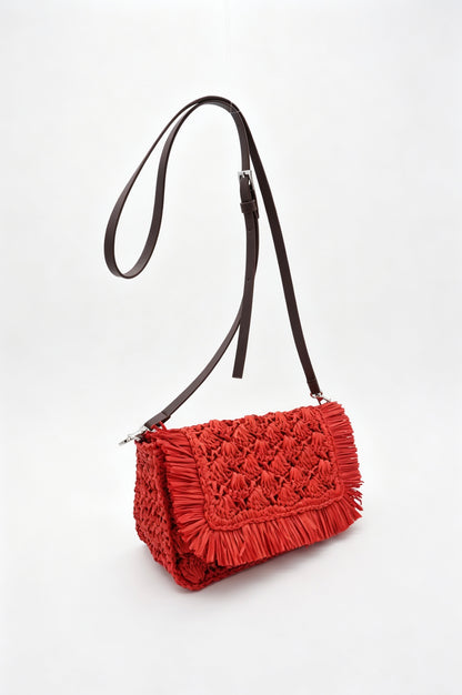 Fringe Straw Crossbody Clutch – Textured Woven Flap Purse – 3 Color Boho Shoulder Handbag