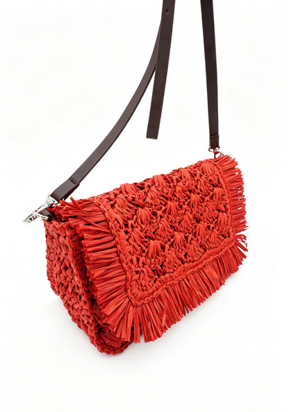 Fringe Straw Crossbody Clutch – Textured Woven Flap Purse – 3 Color Boho Shoulder Handbag