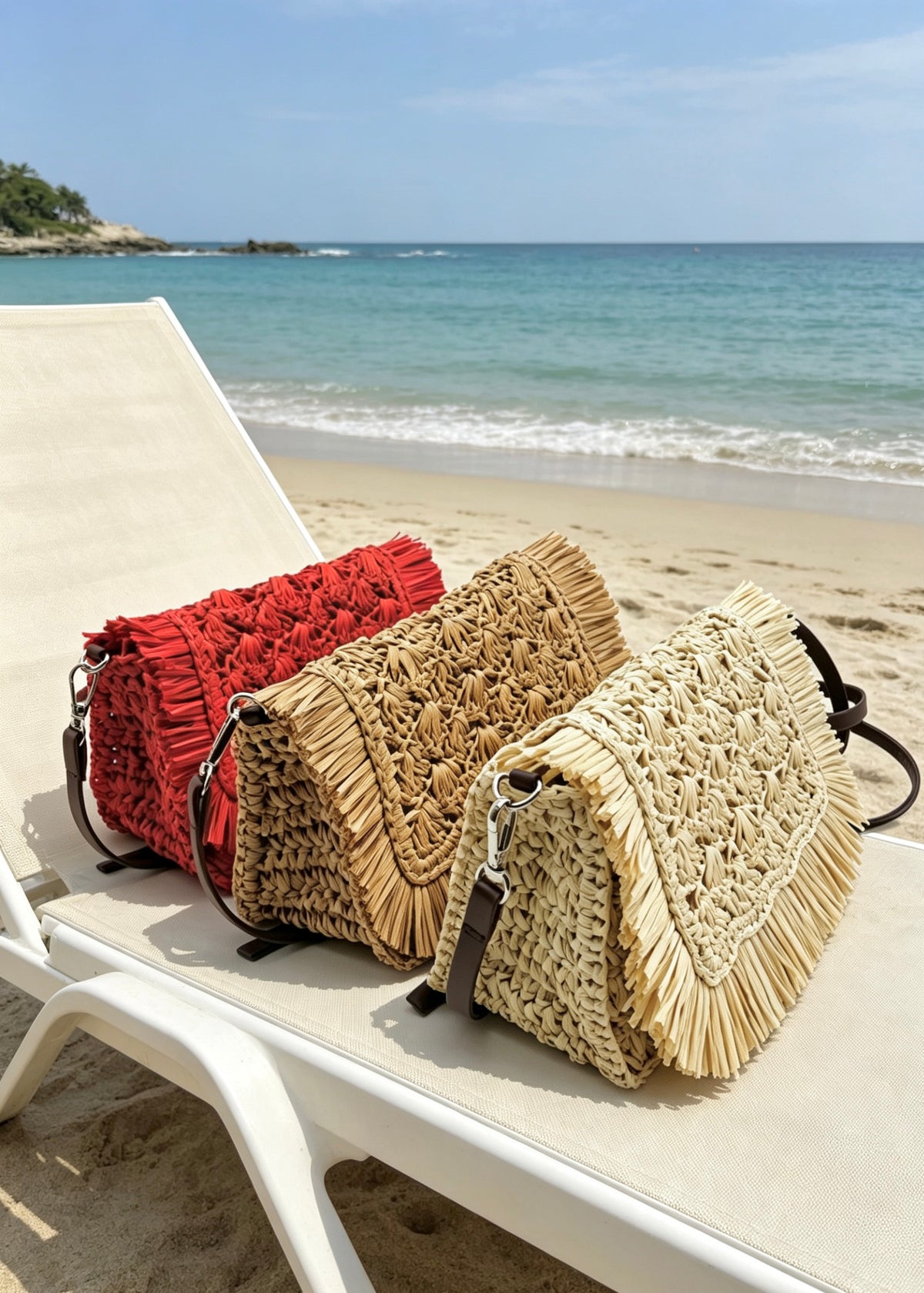 Fringe Straw Crossbody Clutch – Textured Woven Flap Purse – 3 Color Boho Shoulder Handbag