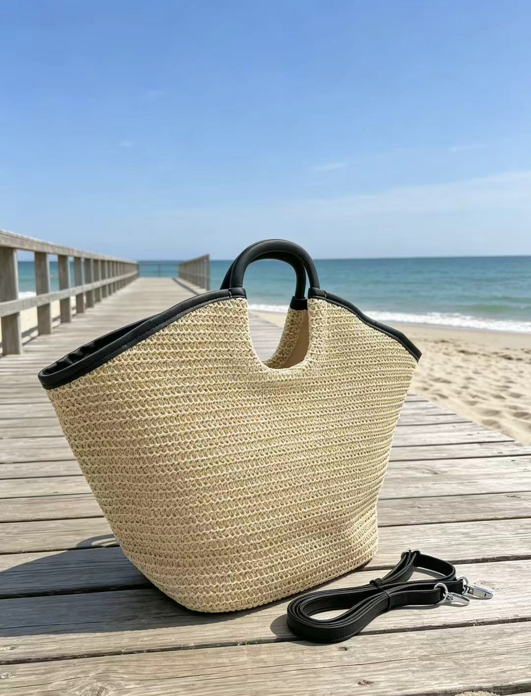Handwoven Paper Straw Tote Bag | Ring Handle, Crossbody Summer Market Handbag