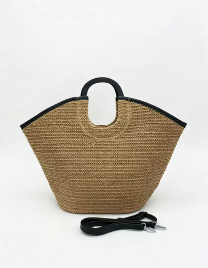Handwoven Paper Straw Tote Bag | Ring Handle, Crossbody Summer Market Handbag