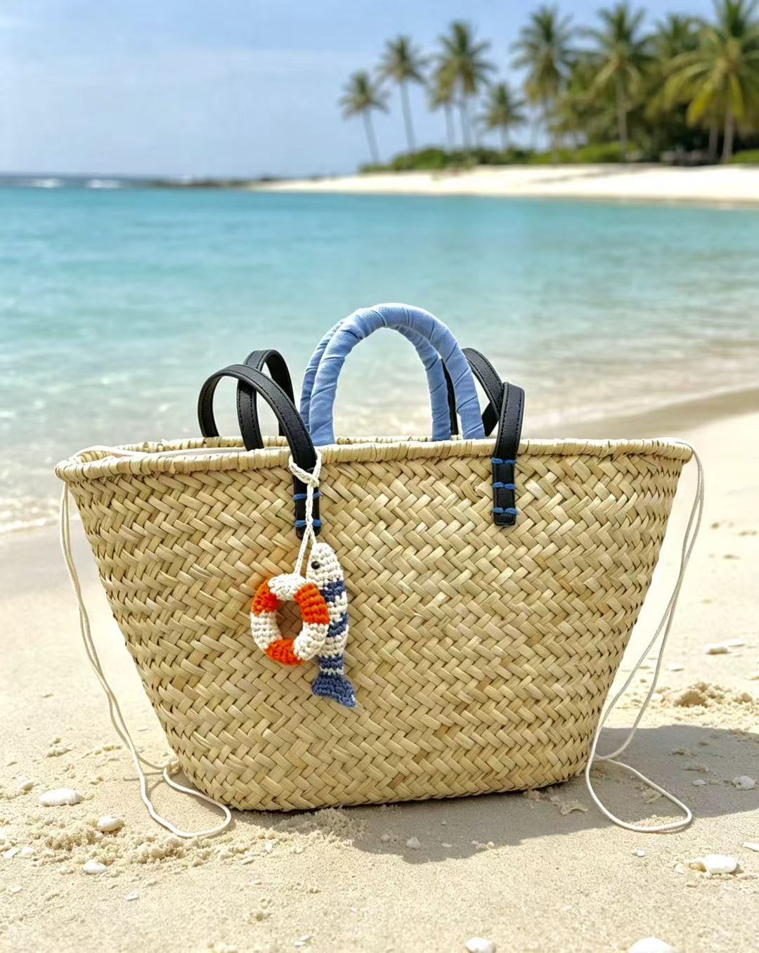 Handwoven Raffia Fish Lifebuoy Bag Charm - Nautical Keychain