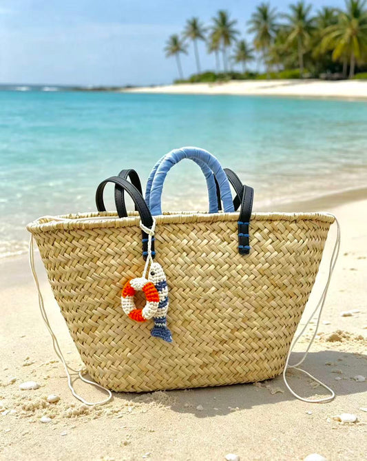 Handwoven Raffia Fish Lifebuoy Bag Charm - Nautical Keychain