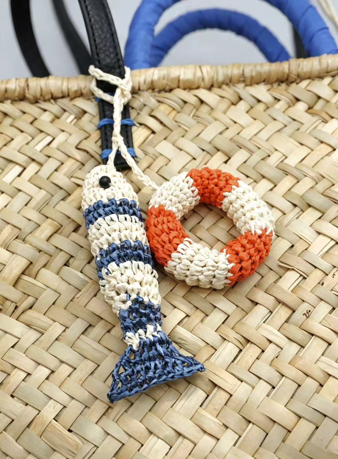 Handwoven Raffia Fish Lifebuoy Bag Charm - Nautical Keychain