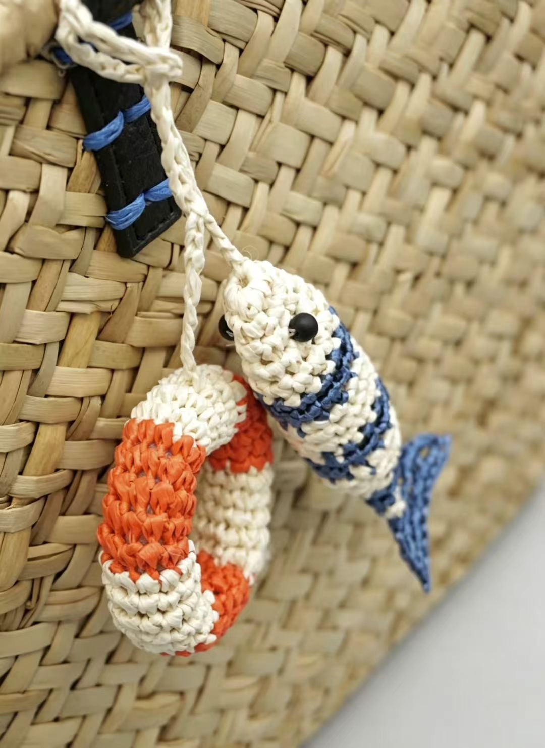 Handwoven Raffia Fish Lifebuoy Bag Charm - Nautical Keychain