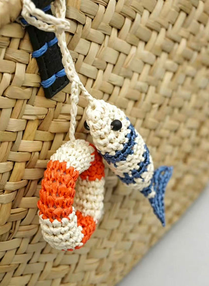 Handwoven Raffia Fish Lifebuoy Bag Charm - Nautical Keychain