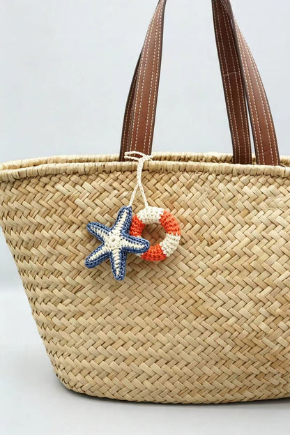 Handmade Raffia Starfish Lifebuoy Bag Charm, Nautical Coastal Accessory, Summer Beach Pendant