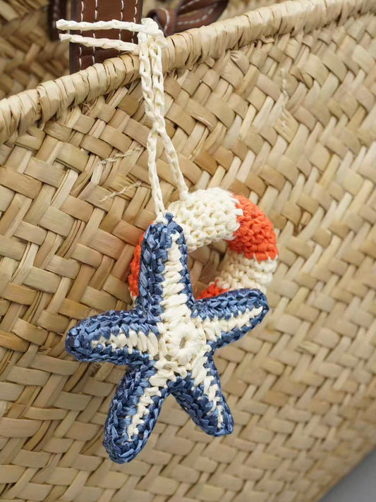 Handmade Raffia Starfish Lifebuoy Bag Charm, Nautical Coastal Accessory, Summer Beach Pendant