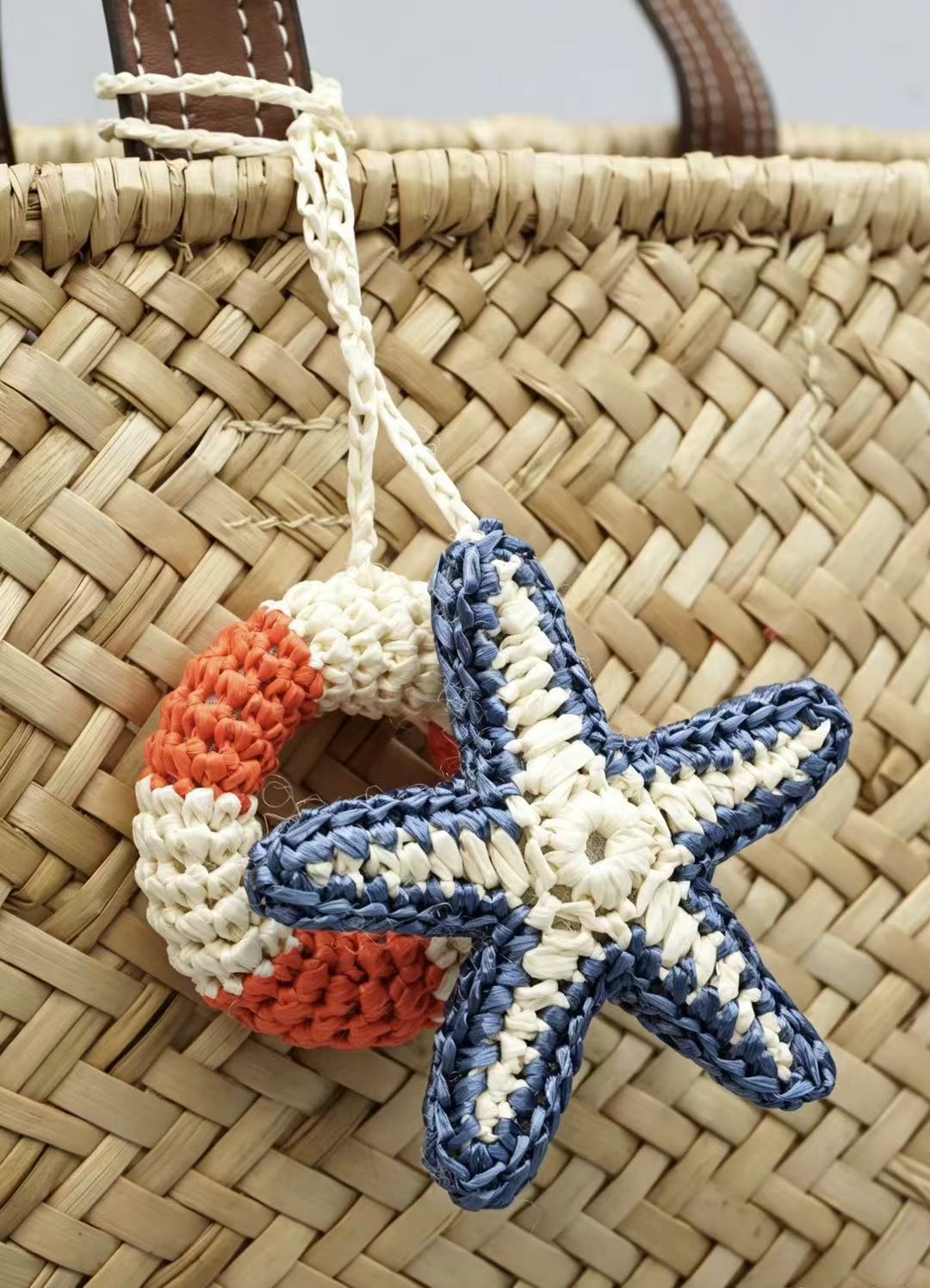 Handmade Raffia Starfish Lifebuoy Bag Charm, Nautical Coastal Accessory, Summer Beach Pendant