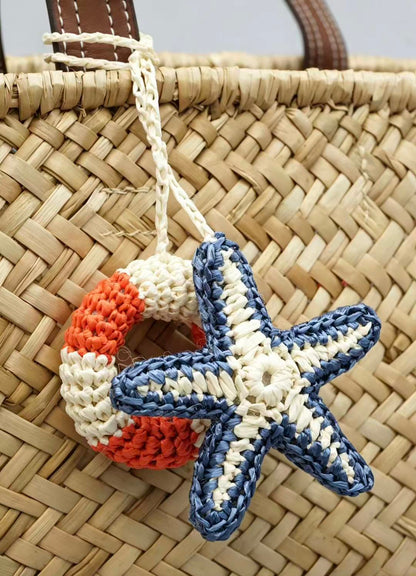 Handmade Raffia Starfish Lifebuoy Bag Charm, Nautical Coastal Accessory, Summer Beach Pendant