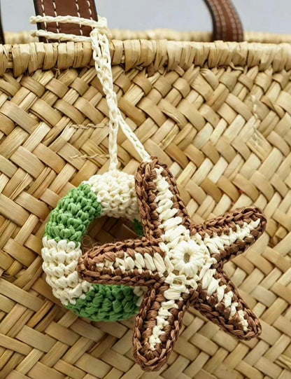 Handmade Raffia Starfish Lifebuoy Bag Charm, Nautical Coastal Accessory, Summer Beach Pendant