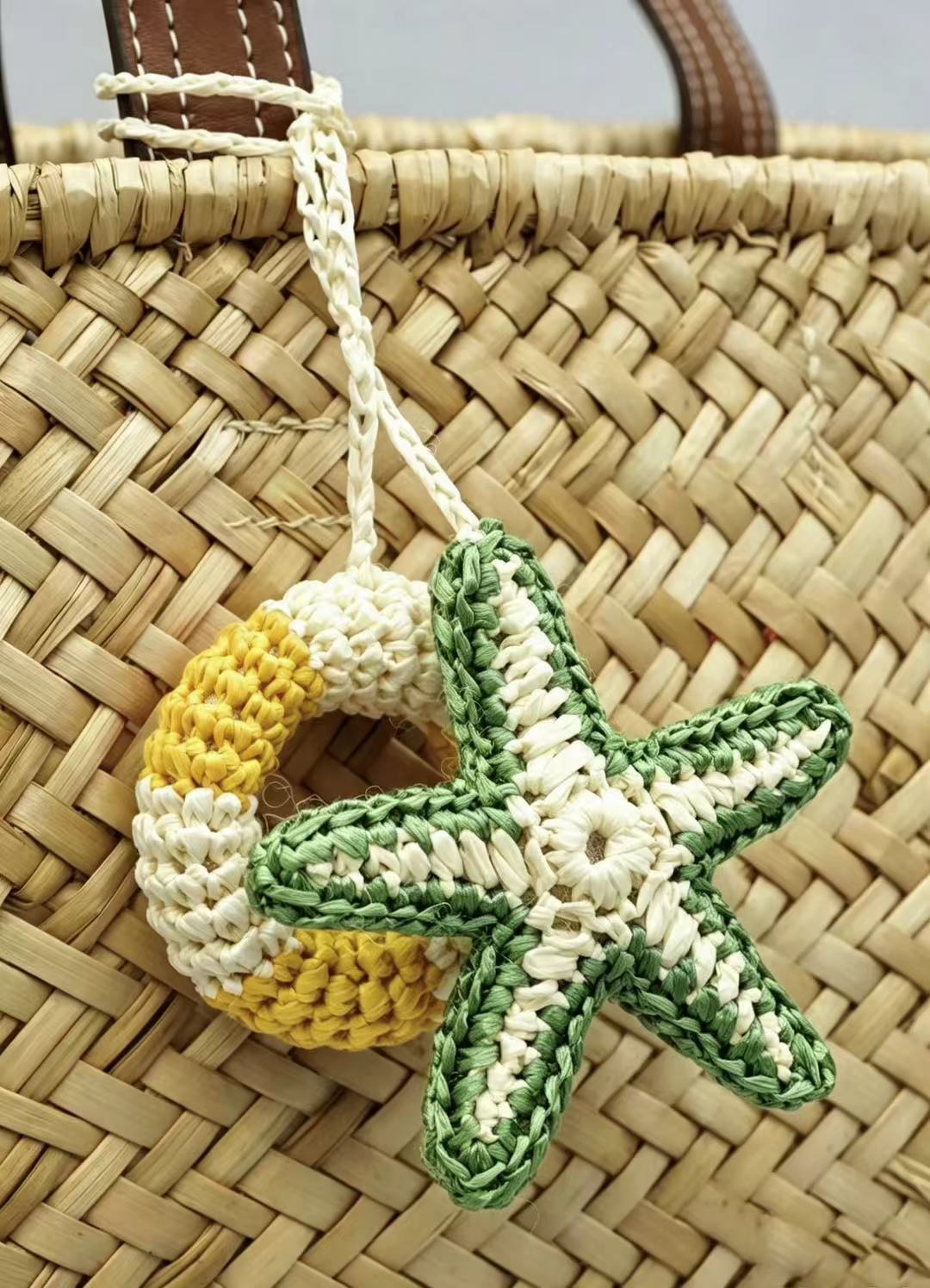 Handmade Raffia Starfish Lifebuoy Bag Charm, Nautical Coastal Accessory, Summer Beach Pendant