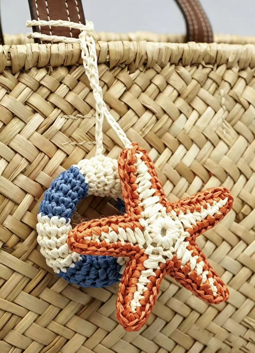 Handmade Raffia Starfish Lifebuoy Bag Charm, Nautical Coastal Accessory, Summer Beach Pendant