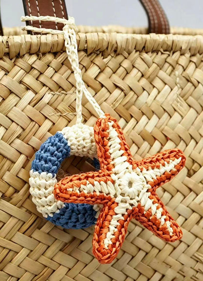 Handmade Raffia Starfish Lifebuoy Bag Charm, Nautical Coastal Accessory, Summer Beach Pendant