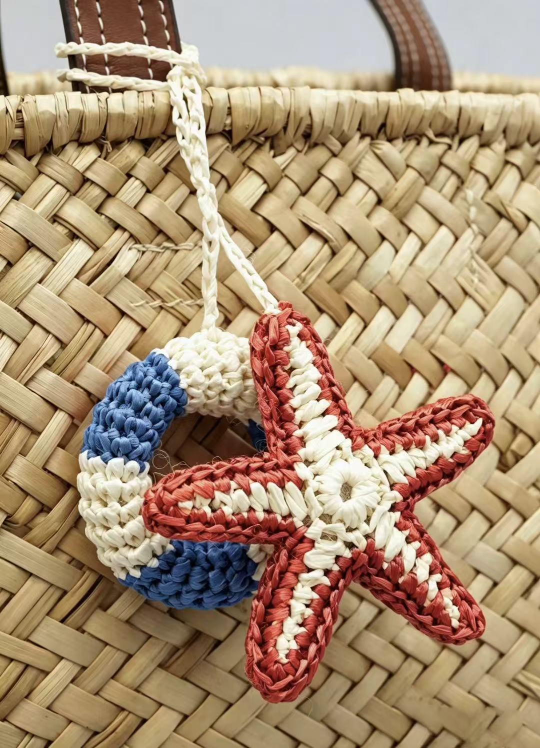Handmade Raffia Starfish Lifebuoy Bag Charm, Nautical Coastal Accessory, Summer Beach Pendant