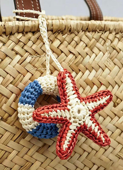 Handmade Raffia Starfish Lifebuoy Bag Charm, Nautical Coastal Accessory, Summer Beach Pendant