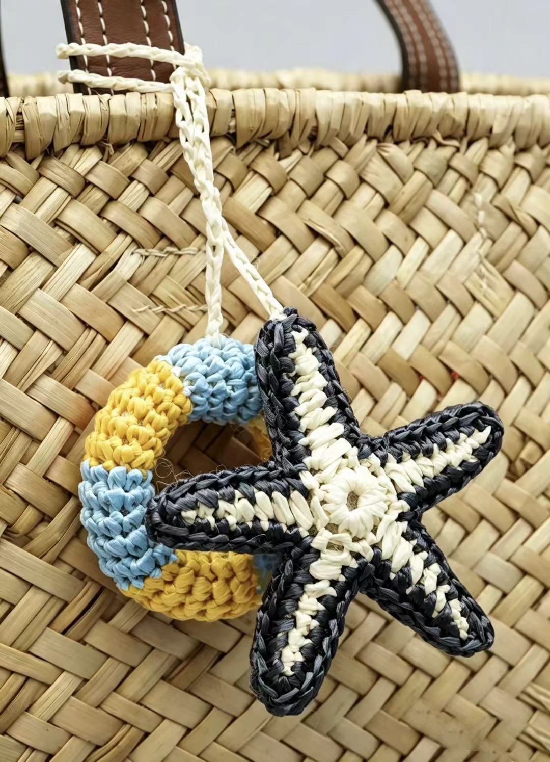 Handmade Raffia Starfish Lifebuoy Bag Charm, Nautical Coastal Accessory, Summer Beach Pendant