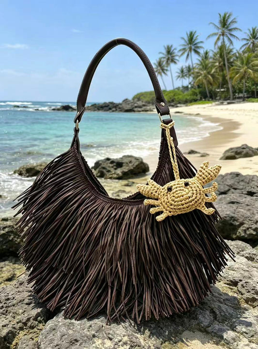 Handwoven Natural Straw Crab Charm | Coastal Bag Accessory, Keychain
