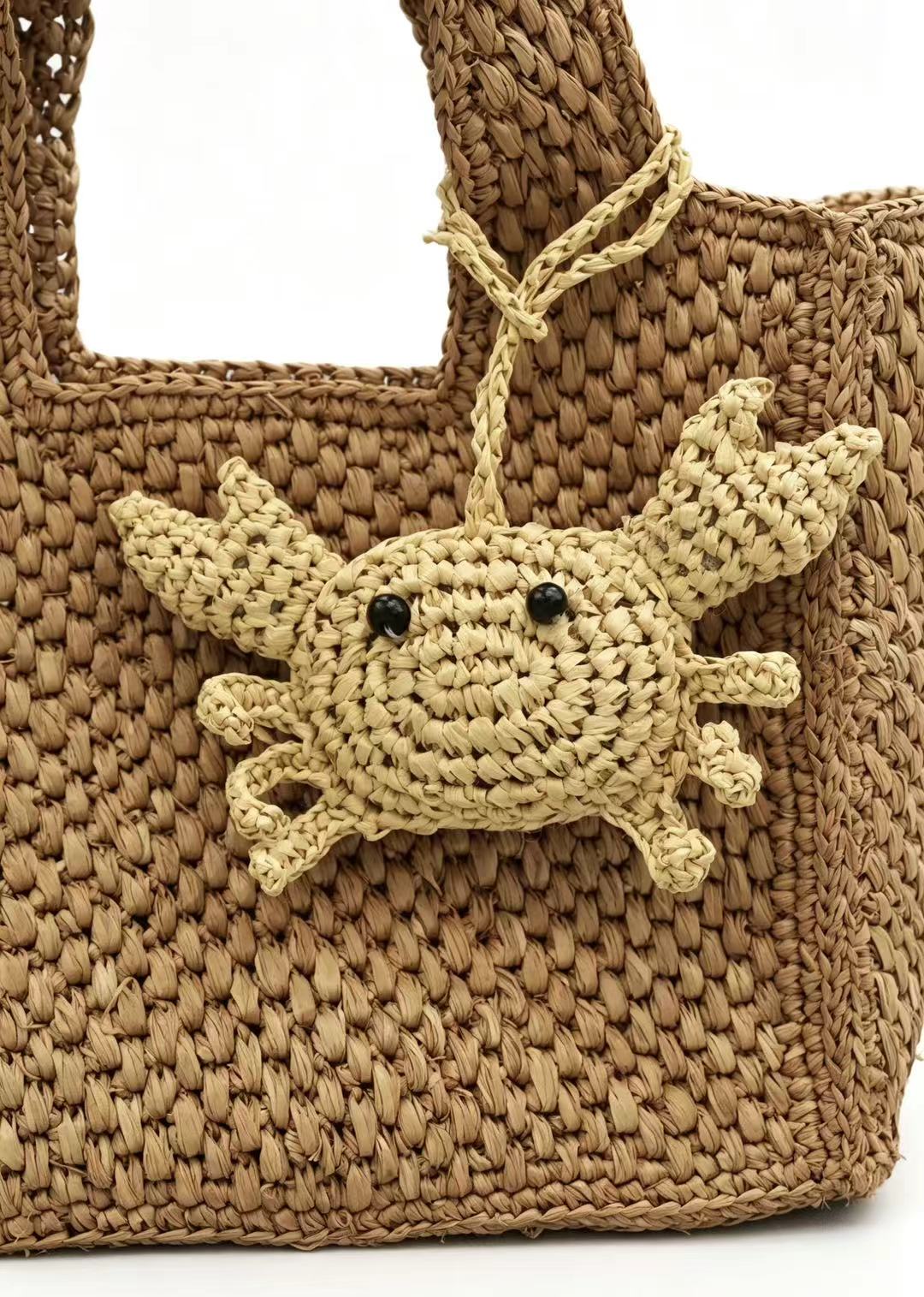 Handwoven Natural Straw Crab Charm | Coastal Bag Accessory, Keychain