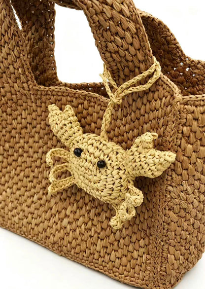 Handwoven Natural Straw Crab Charm | Coastal Bag Accessory, Keychain