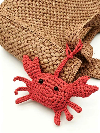 Handwoven Natural Straw Crab Charm | Coastal Bag Accessory, Keychain