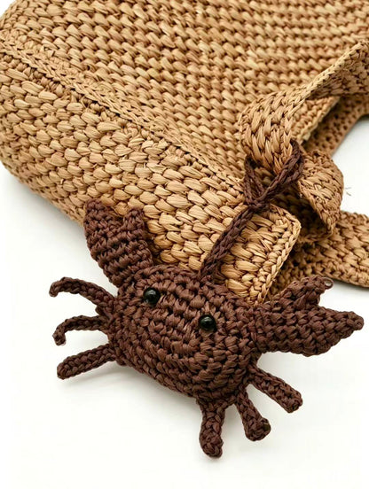 Handwoven Natural Straw Crab Charm | Coastal Bag Accessory, Keychain