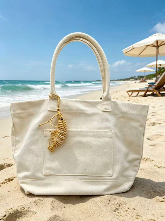 Handwoven Straw Shrimp Charm - Natural Coastal Bag Accessory, Keychain