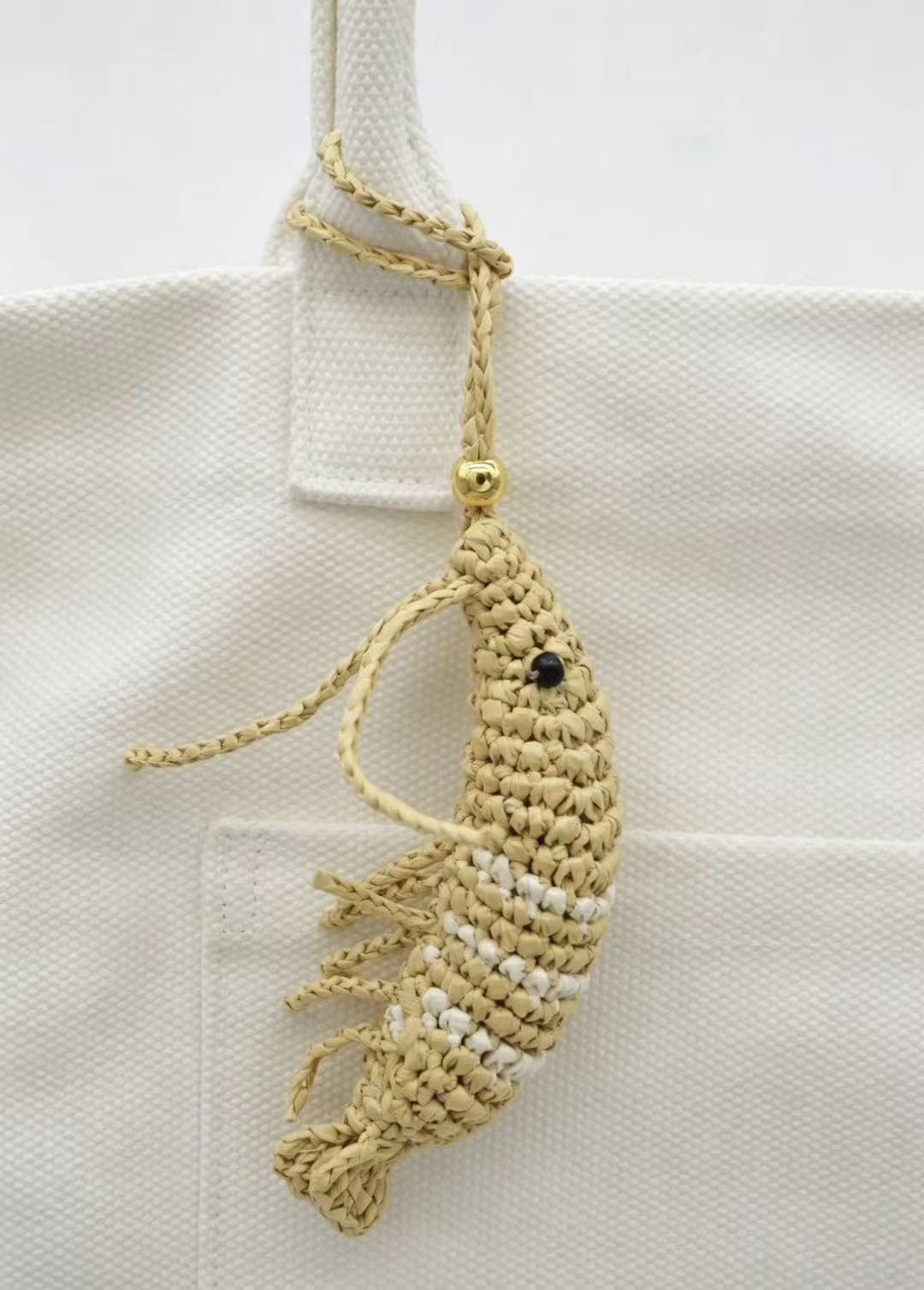 Handwoven Straw Shrimp Charm - Natural Coastal Bag Accessory, Keychain