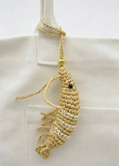 Handwoven Straw Shrimp Charm - Natural Coastal Bag Accessory, Keychain
