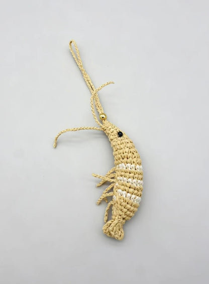 Handwoven Straw Shrimp Charm - Natural Coastal Bag Accessory, Keychain