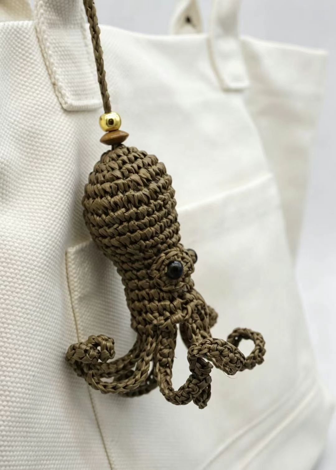 Handwoven Octopus Bag Charm - Natural Straw Keychain
