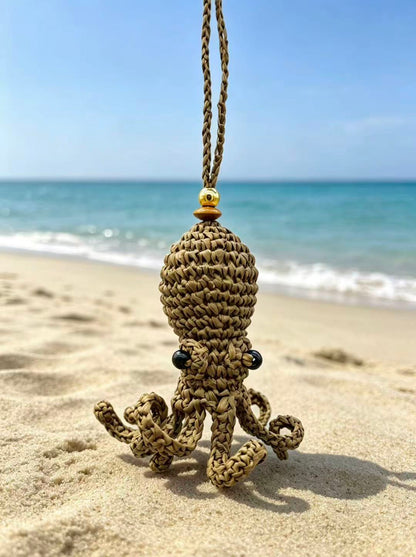 Handwoven Octopus Bag Charm - Natural Straw Keychain