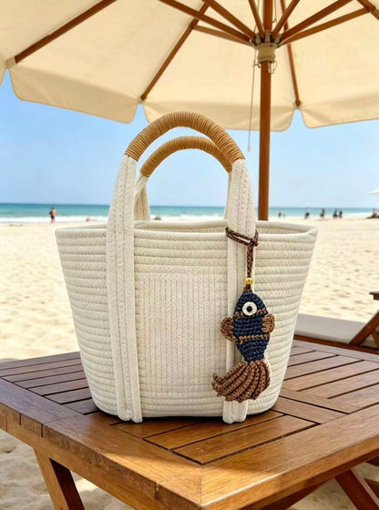 Handwoven Straw Fish Charm - Natural Nautical Bag Accessory - Keychain