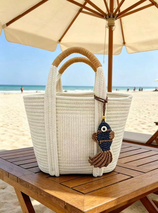 Handwoven Straw Fish Charm - Natural Nautical Bag Accessory - Keychain