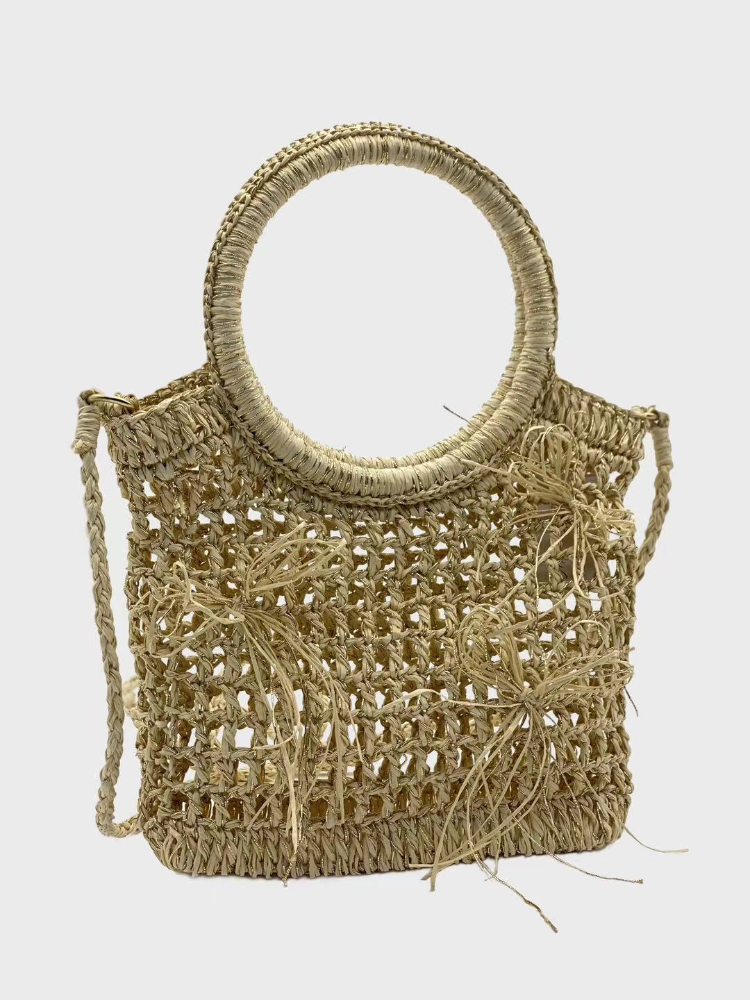 Woven Rattan Beach Tote - Net Style Summer Bag with Circular Handle - The Coastal Lumina