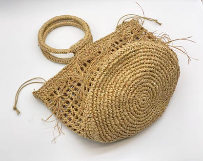 Boho Woven Circle-Handle Beach Bag — Natural Straw Tote