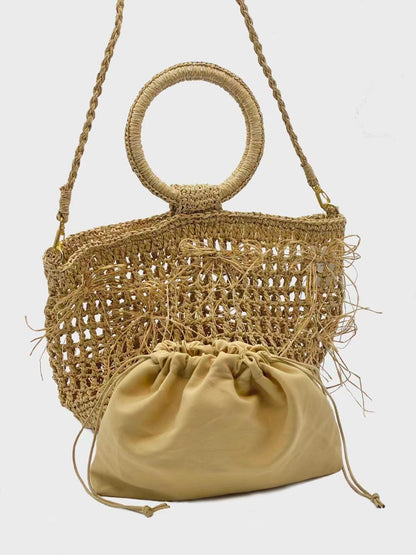 Boho Woven Circle-Handle Beach Bag — Natural Straw Tote
