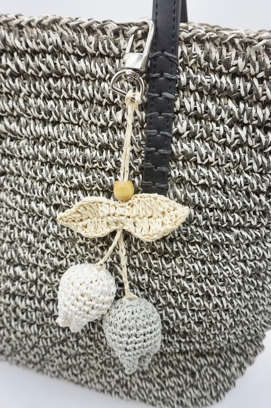 Paper Yarn White & Grey Berry Pendant with Leaf Accent