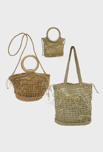 Woven Rattan Beach Tote - Net Style Summer Bag with Circular Handle - The Coastal Lumina