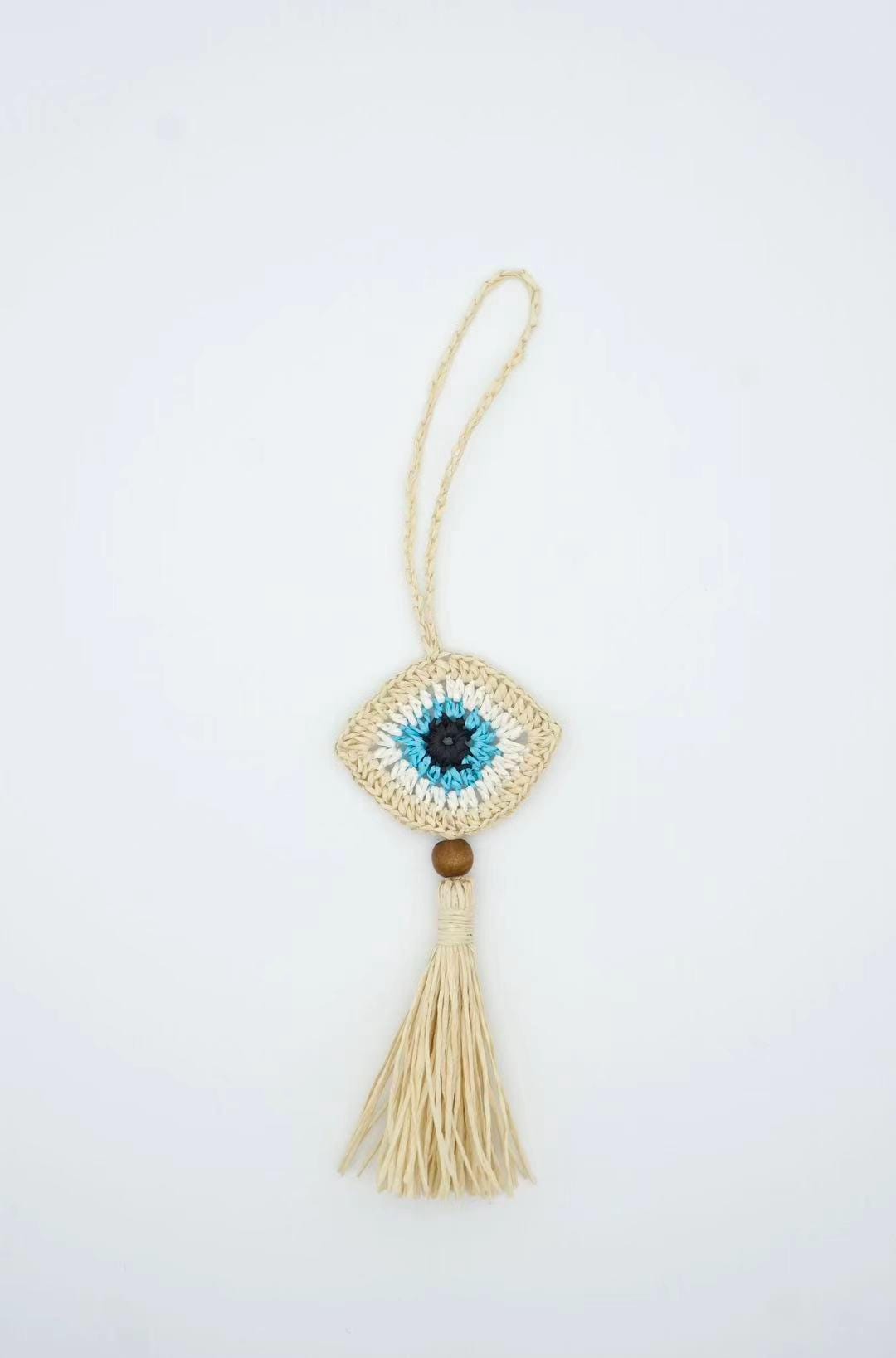 Raffia Evil Eye Charm – Natural Raffia Bag Accessory – Personalized Boho Keychain