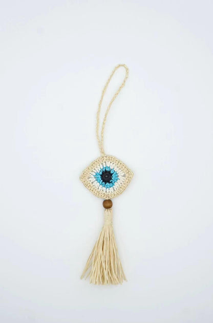 Raffia Evil Eye Charm – Natural Raffia Bag Accessory – Personalized Boho Keychain