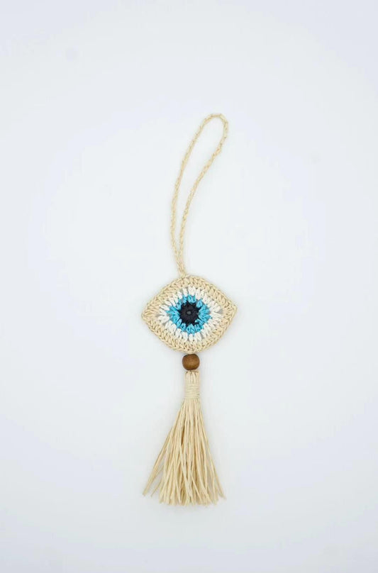 Raffia Evil Eye Charm – Natural Raffia Bag Accessory – Personalized Boho Keychain