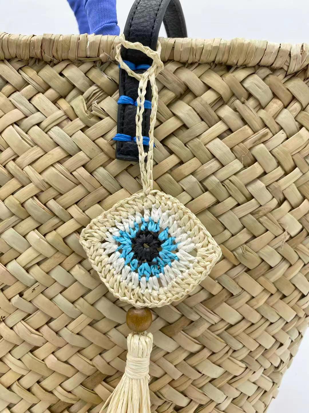 Raffia Evil Eye Charm – Natural Raffia Bag Accessory – Personalized Boho Keychain